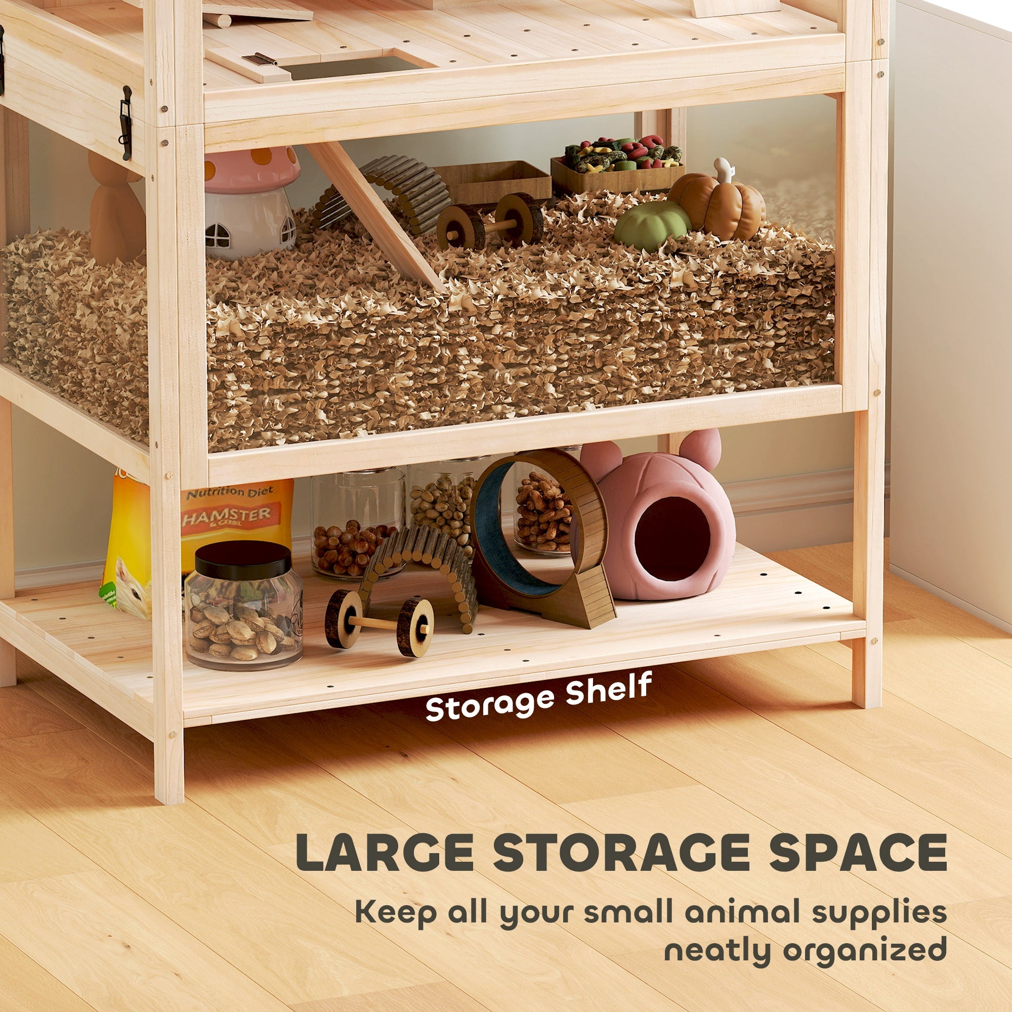 PawHut Wooden Hamster Cage with Detachable Lower Floor, Storage Shelf, Hut, Seesaw, Exercise Wheel, Ramps for Hamster 