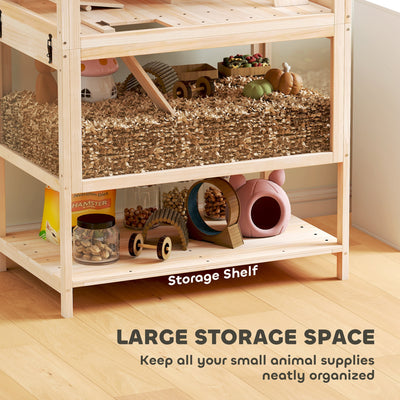 PawHut Wooden Hamster Cage with Detachable Lower Floor, Storage Shelf, Hut, Seesaw, Exercise Wheel, Ramps for Hamster 