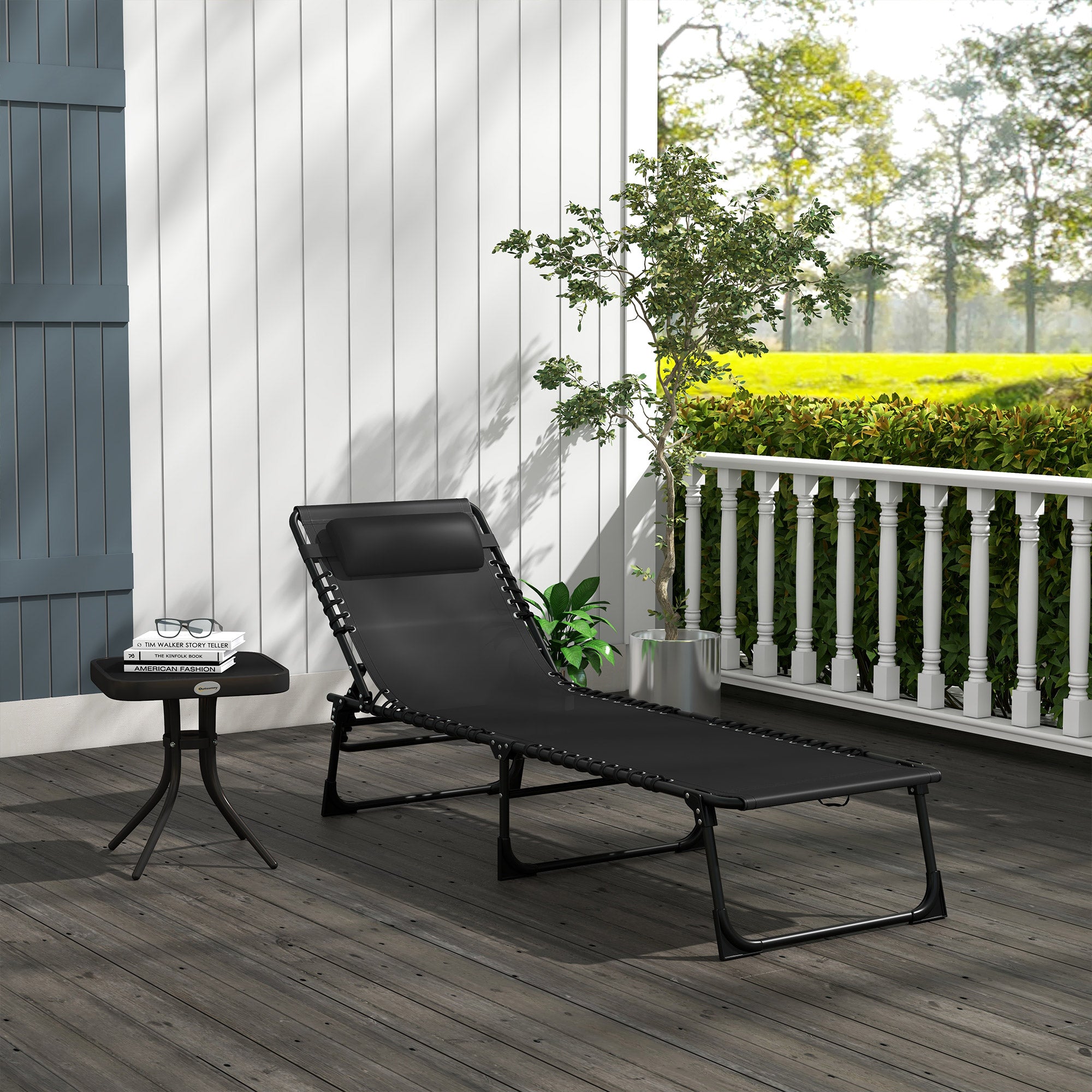 Outsunny Foldable Sun Lounger, Outdoor 4 Level Adjustable Backrest Reclining Chaise Chair, Steel Frame Recliner Chair for Camping, Hiking, Black 