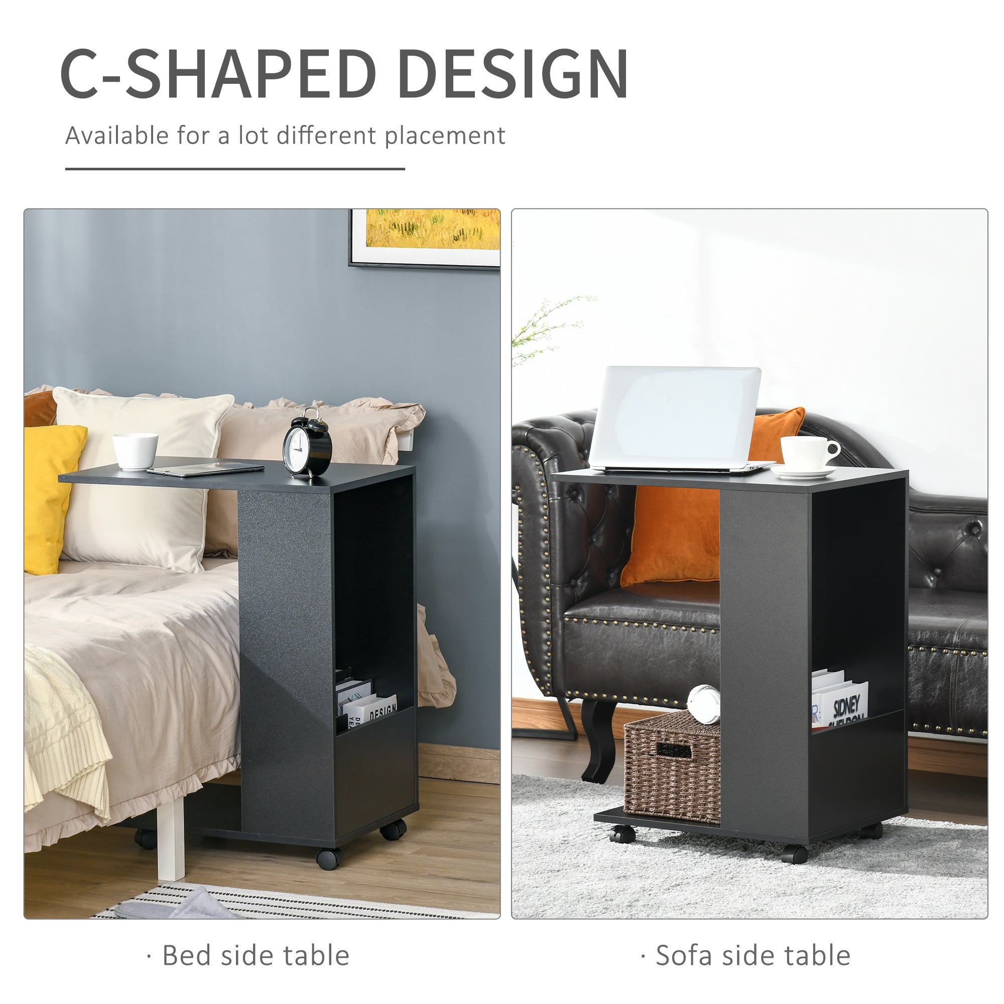 HOMCOM Mobile Sofa Side Table C-Shape End Table with Storage and Casters for Laptop Coffee Snack, Black 