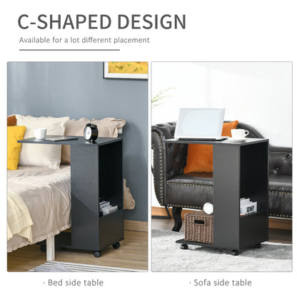 HOMCOM Mobile Sofa Side Table C-Shape End Table with Storage and Casters for Laptop Coffee Snack, Black 