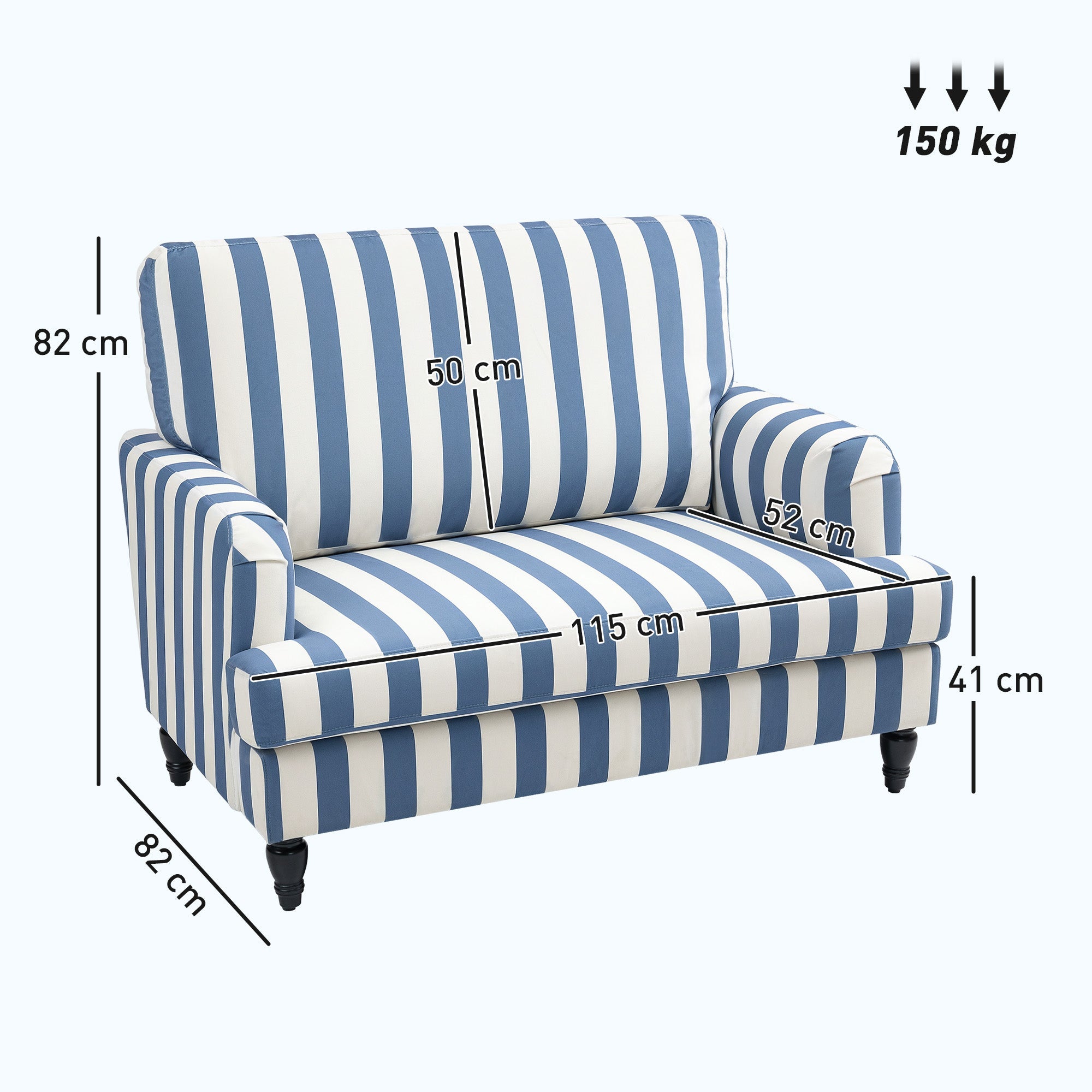 HOMCOM Modern Accent Chair, Velvet Armchair with Stripe, Turned Legs and Wide Seat, Upholstered Snuggle Chair for Living Room, Bedroom, Blue and White 