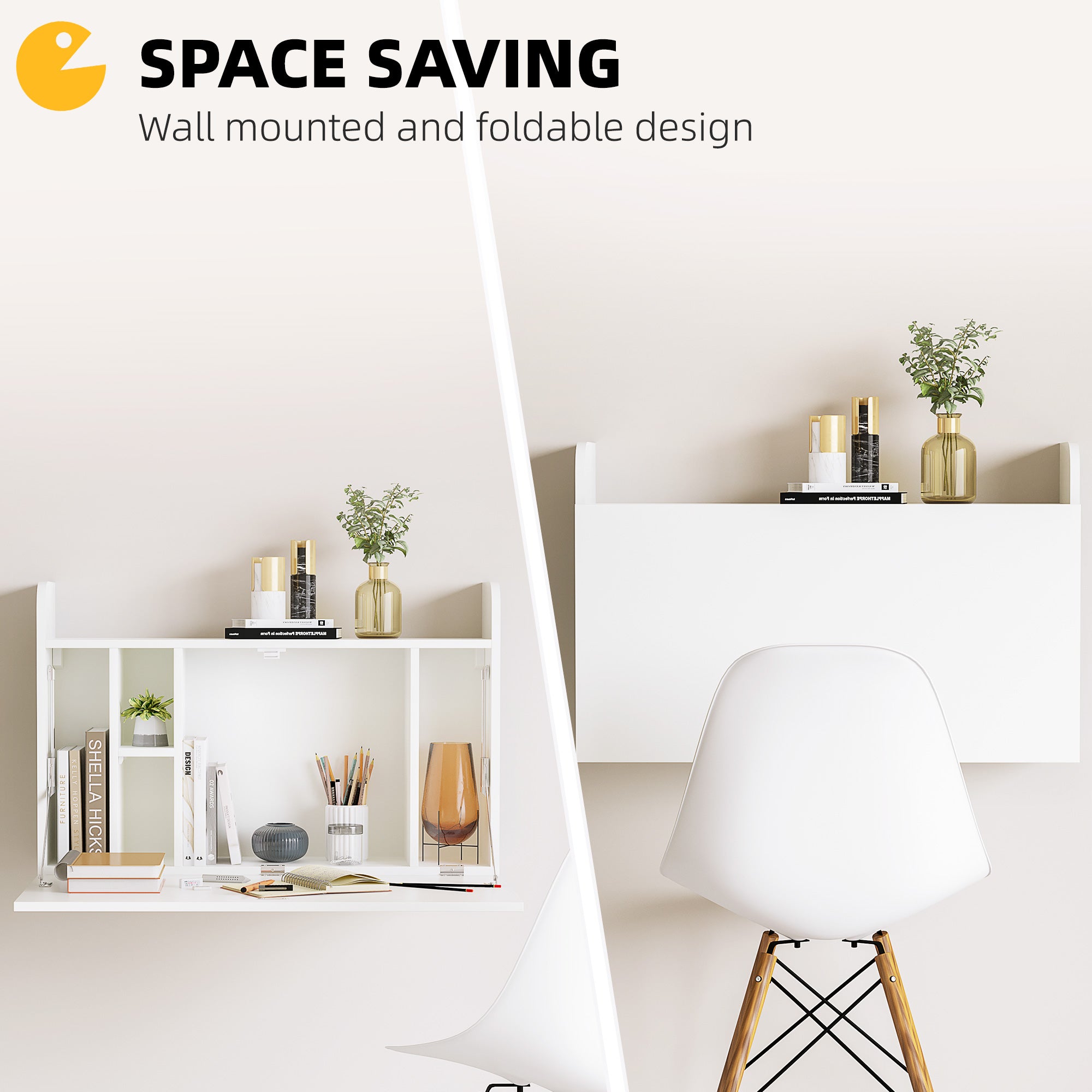 HOMCOM Wall Mounted Table, Drop Leaf Floating Laptop Desk with Space Saving Storage Compartments for Home Office and Study, 77cm x 20cm x 51cm, White 