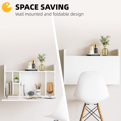 HOMCOM Wall Mounted Table, Drop Leaf Floating Laptop Desk with Space Saving Storage Compartments for Home Office and Study, 77cm x 20cm x 51cm, White 