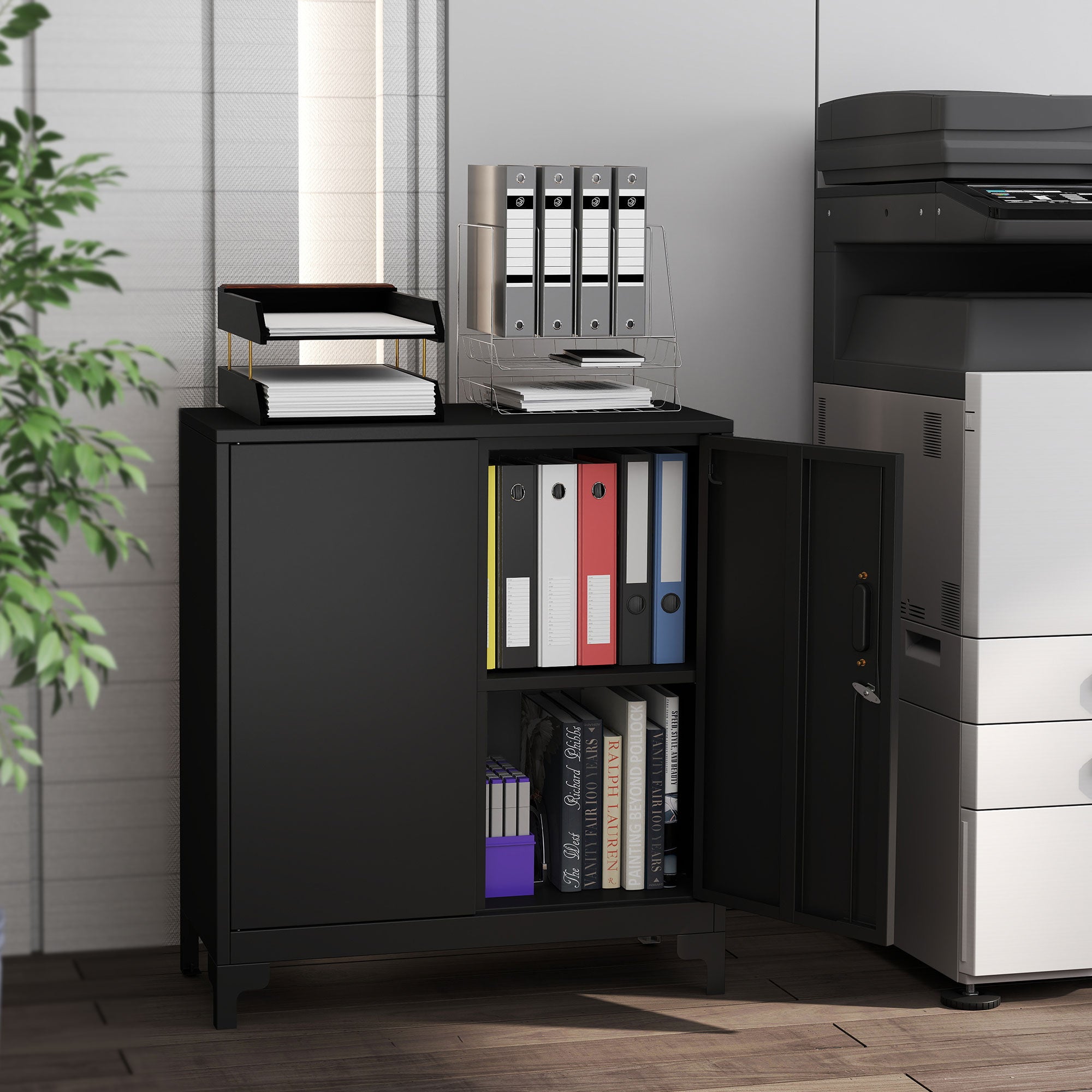 HOMCOM Lockable Metal Filing Cabinet, 2-Tier Storage Cupboard with Double Doors, Modern Office Organiser, Black 