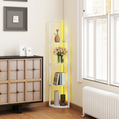 HOMCOM RGB LED Floor Lamp with Shelves, 5-Tier Dimmable Standing Lamp with Adjustable Brightness and Remote Control, Modern Corner Display Shelf Unit for Living Room Bedroom Office, White 