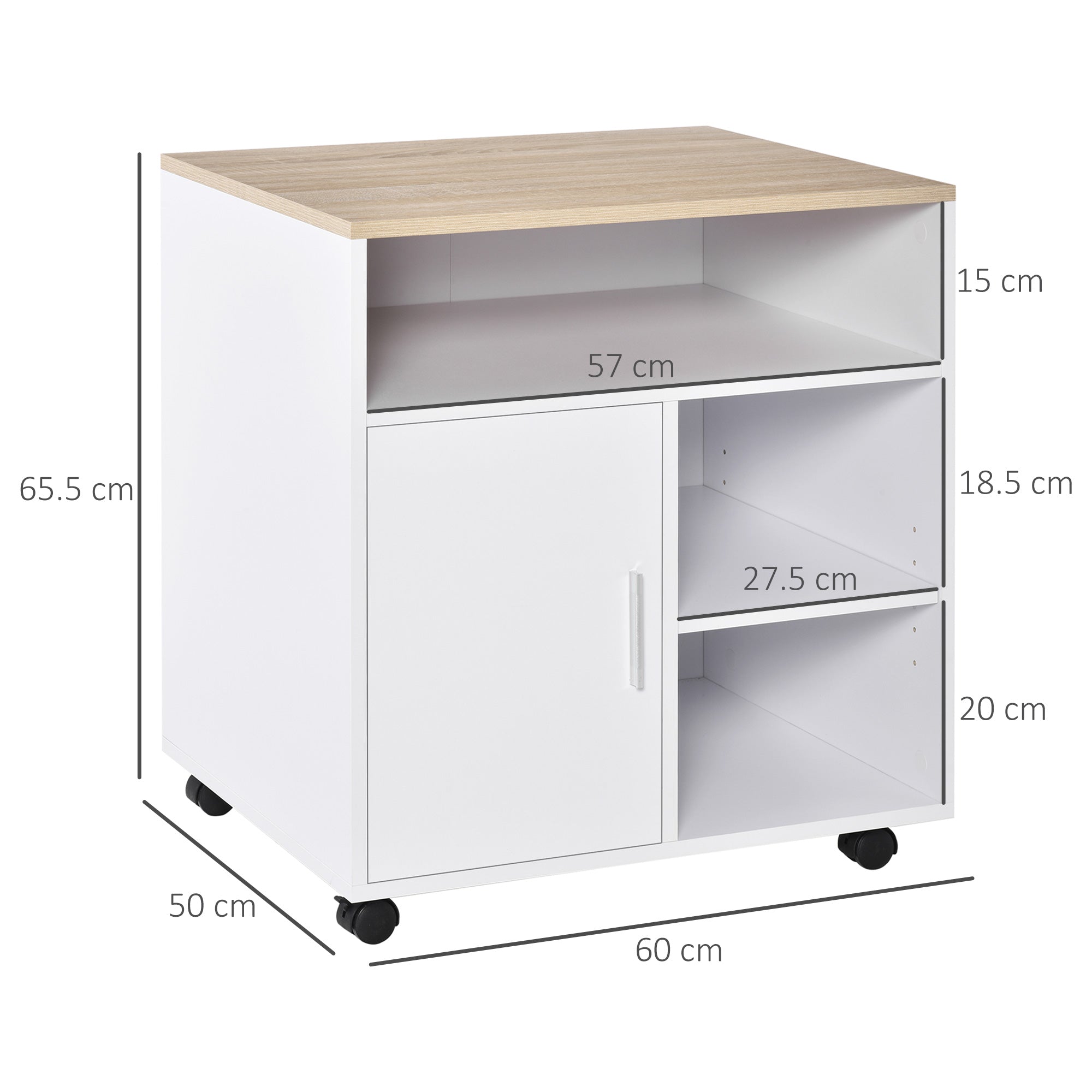 HOMCOM Multi-Storage Printer Stand Unit Office Desk Side Mobile Storage w/ Wheels Modern Style 60L x 50W x 65.5H cm - Oak