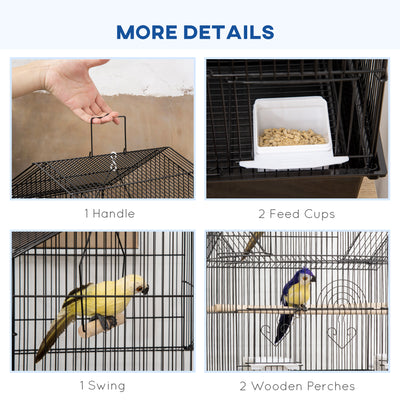 PawHut Metal Bird Cage with Plastic Swing, Perch, Food Container, Tray, Handle, for Finches, Canaries, Budgies, 43.5 x 33 x 121 