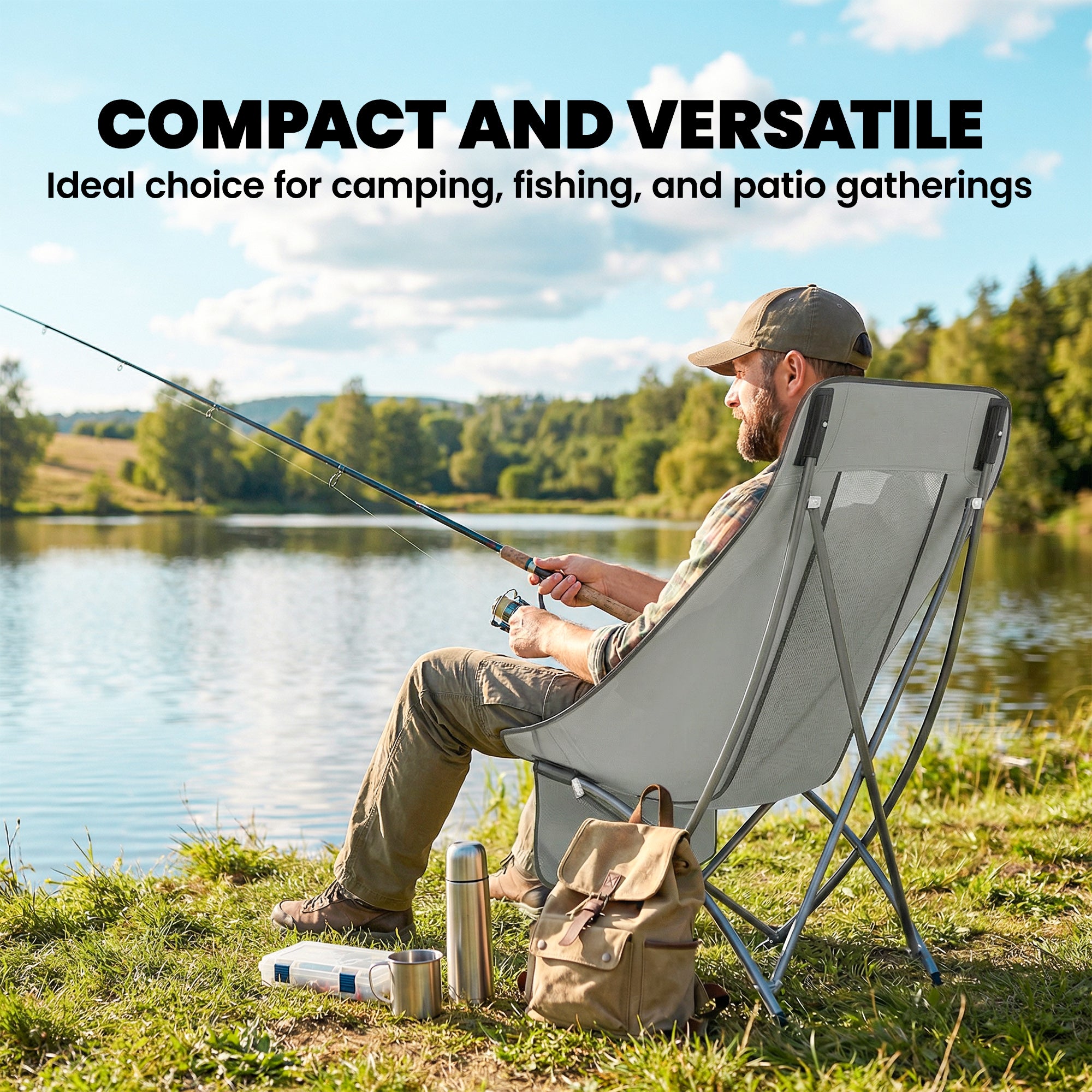Outsunny Camping Chair for Adults Heavy Duty Folding Camp Chair with Side Pocket and Carry Bag Light Grey 