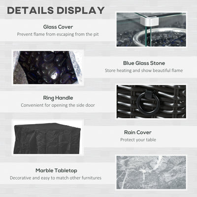 Outsunny Outdoor PE Rattan Gas Fire Pit Table, Patio Square Propane Heater with Marble Desktop, Rain Cover, Glass Windscreen, and Glass Stones, 50,000 BTU, Black 