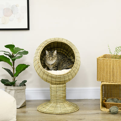 PawHut Raised Detachable Cat house, Natural Mat Grass Cat Bed, with Cushion 