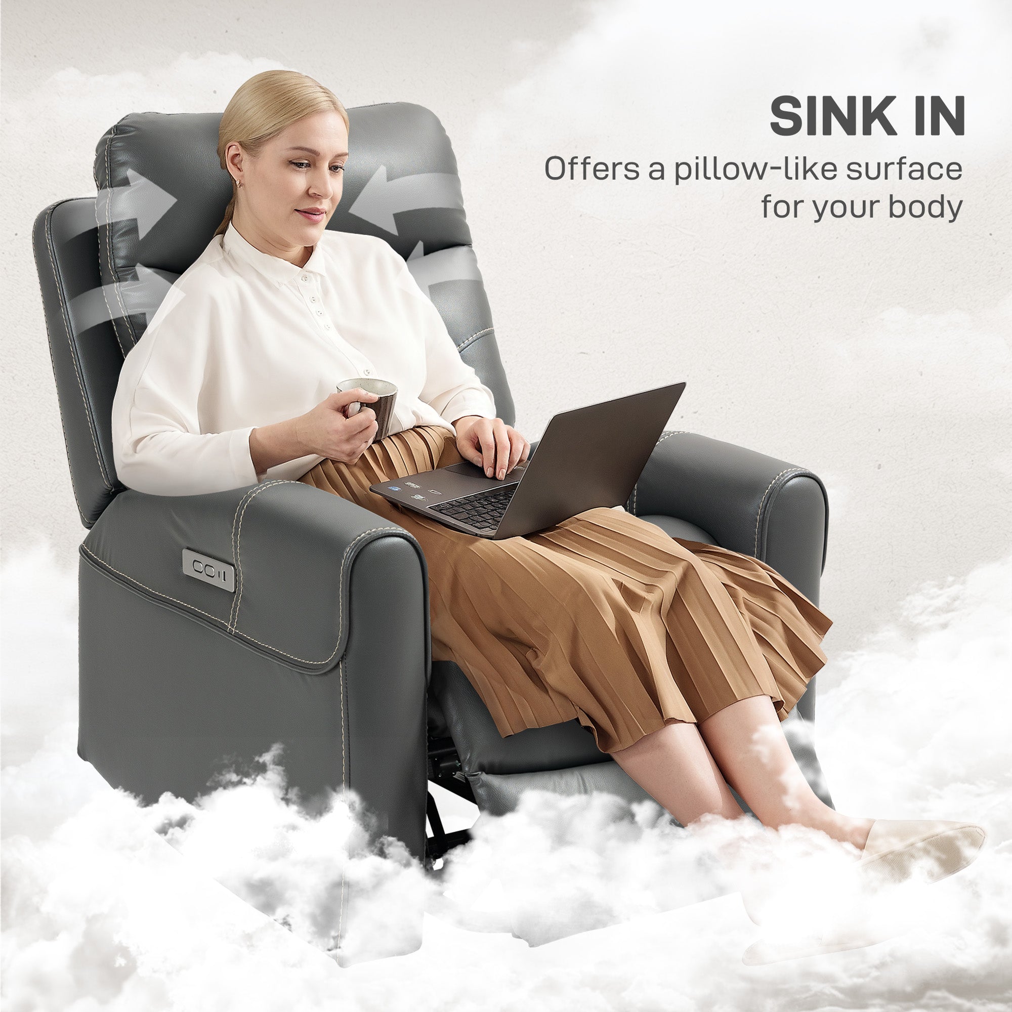 HOMCOM Power Lift Recliner Chair for Elderly, Overstuffed Faux Leather Riser and Reclining Chair with USB A+C Ports, Remote Control, Recliner Armchair for Living Room, Charcoal Grey 