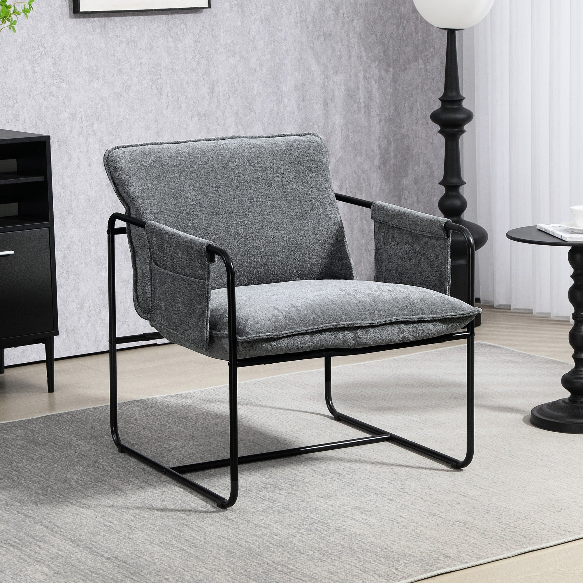 HOMCOM Minimal Padded Accent Chair, with Pockets - Grey 
