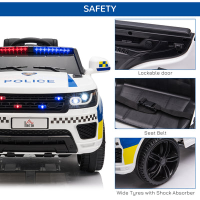 HOMCOM 12V Kids Electric Ride On Police Car 2 Motors with Parental Remote Control Siren Flashing Lights USB Portable for 3-6 Years White 