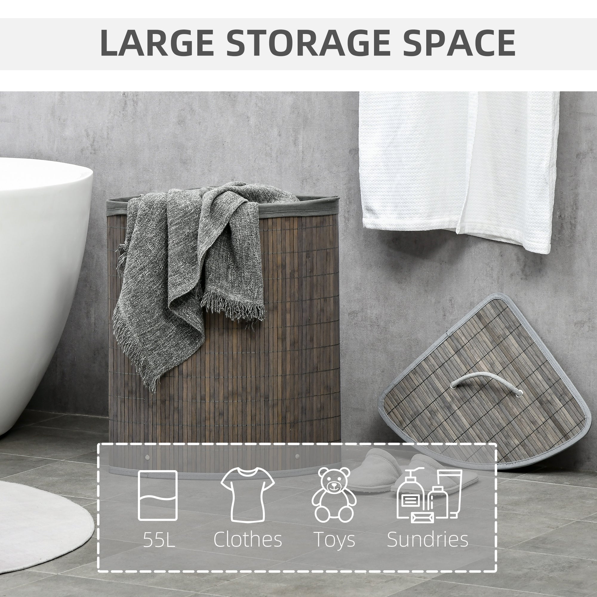 HOMCOM Bamboo Laundry Basket with Lid, 55 Litres Laundry Hamper with Removable Washable Lining,  Corner Washing Baskets, 38 x 38 x 57cm, Grey 