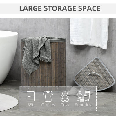 HOMCOM Bamboo Laundry Basket with Lid, 55 Litres Laundry Hamper with Removable Washable Lining,  Corner Washing Baskets, 38 x 38 x 57cm, Grey 