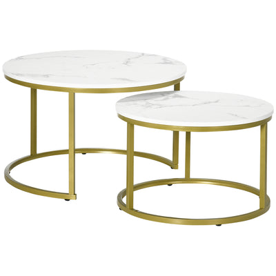 HOMCOM Coffee Table Set of 2, Round Nest of Tables with Faux Marble Tabletop and Metal Frame, Modern Side Tables for Living Room, White 
