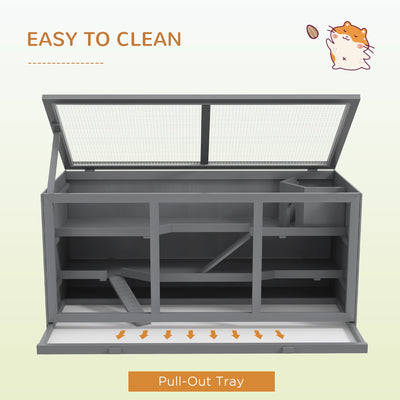 PawHut Wooden Hamster Cage, Small Animals Hutch with Tray, Openable Top, Exercise Play House Pen, 115L x 57W x 55Hcm, Grey 