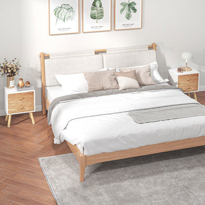 HOMCOM Bedside Table Set of 2, Modern Bedside Cabinets with Drawer and Pine Wood Legs, Nightstand for Bedroom, White and Natural