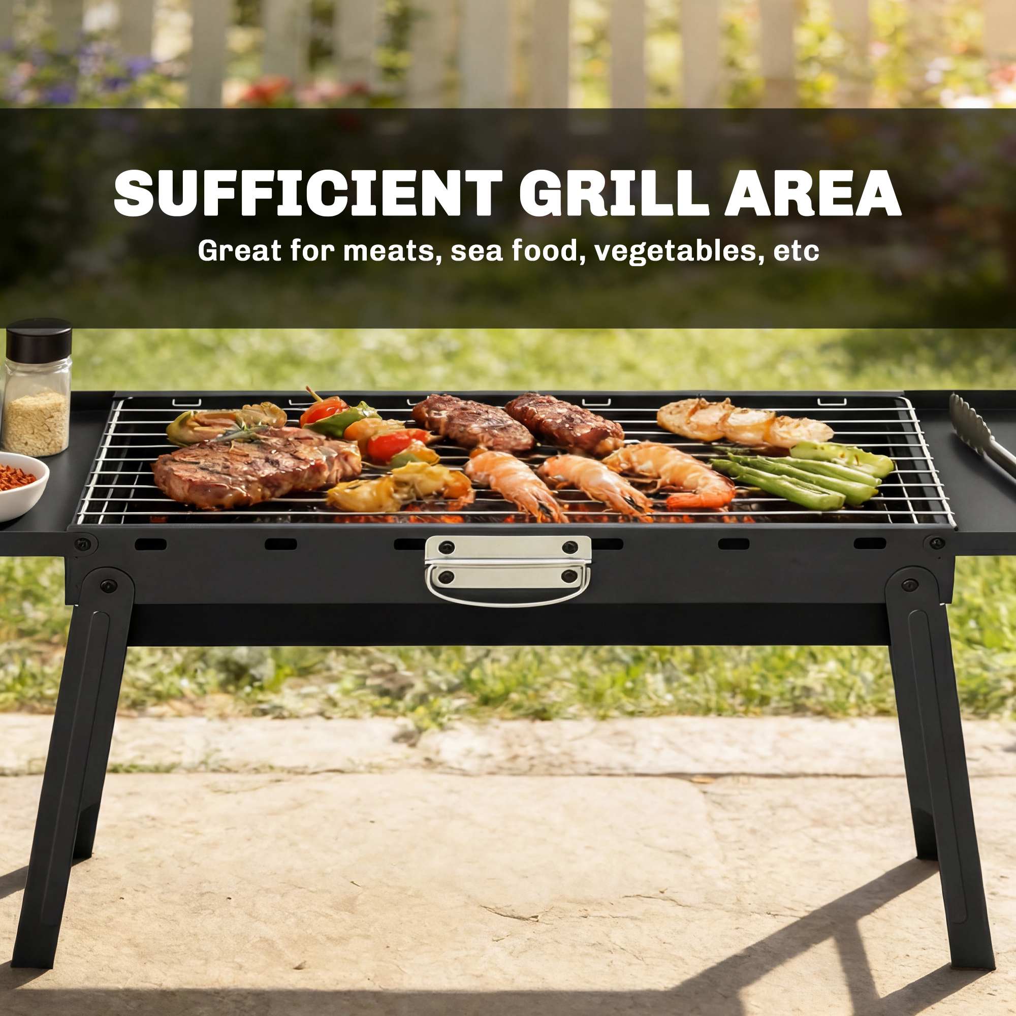 Outsunny Portable BBQ Grill, Foldable Charcoal Grill for Camping and Picnics with 2 Side Shelves and Handle, Black 