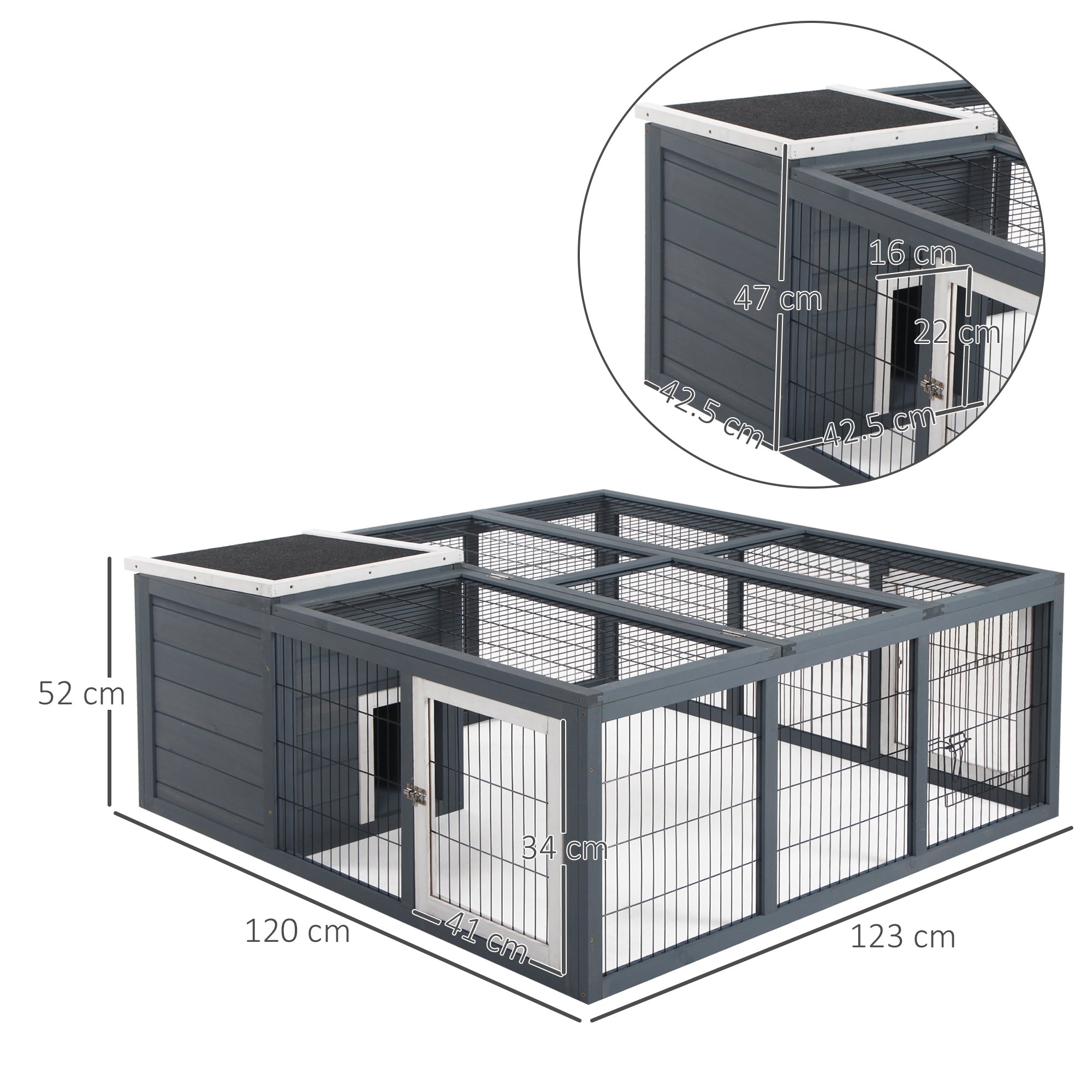 PawHut Rabbit Hutch Outdoor, Guinea Pig House, Bunny Run Cage with Openable Top for 1-2 Rabbits, 123 x 120 x 52cm, Grey 