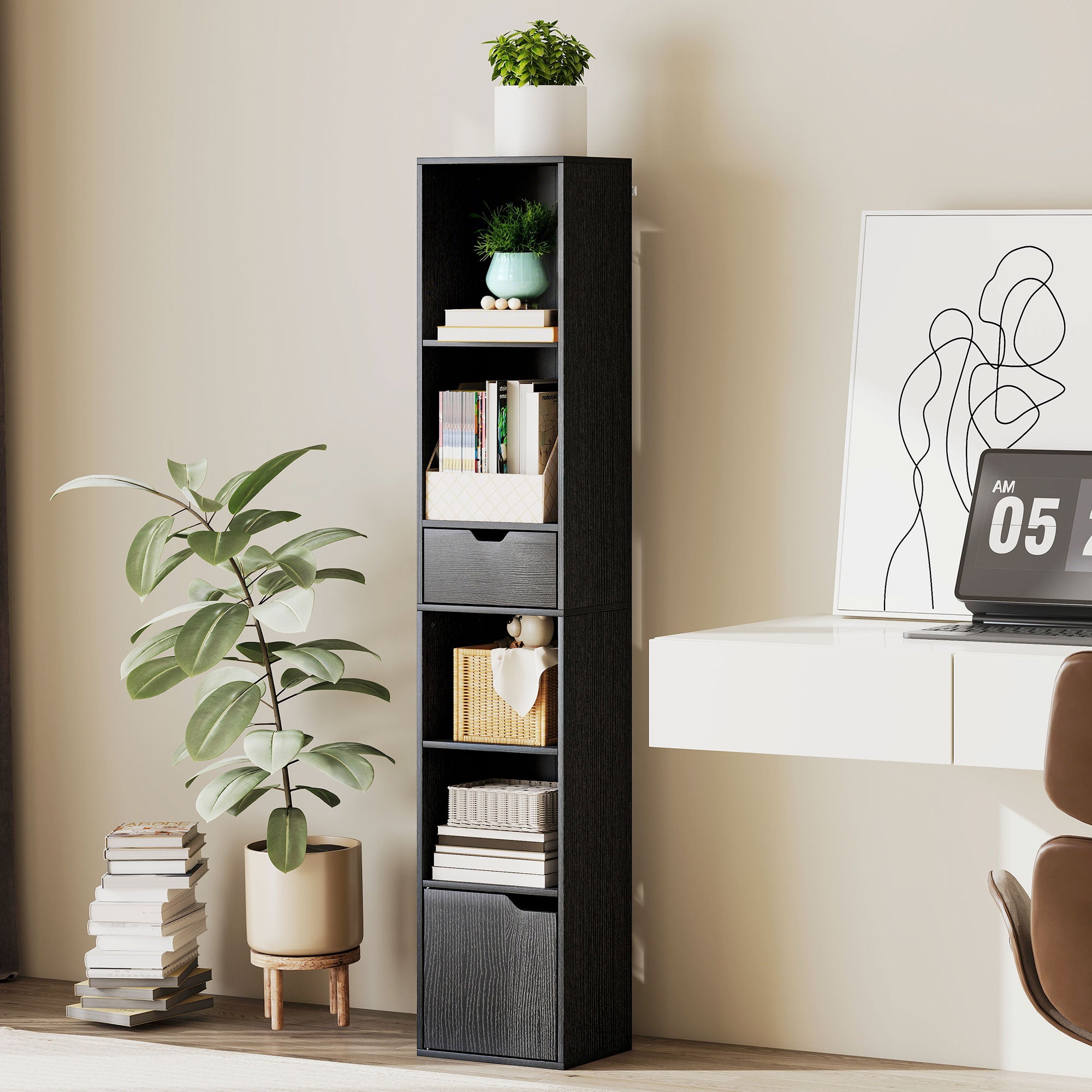 HOMCOM 6-Tier Bookcase, Tall Narrow Bookshelf with Drawer and Door - Black 