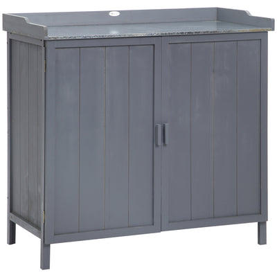Outsunny Garden Storage Cabinet, Outdoor Tool Shed, Potting Bench Table with Galvanized Top and Two Shelves for Yard Tools or Pool Accessories, Grey 