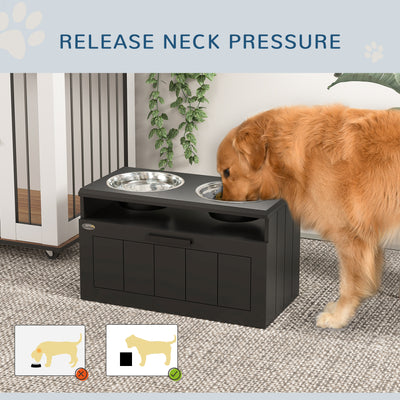 PawHut Raised Dog Bowl with Slow Feeder & 2 Stainless Steel Dog Bowl, 25L Storage Drawer, for Large & Extra Large Dogs, Black 