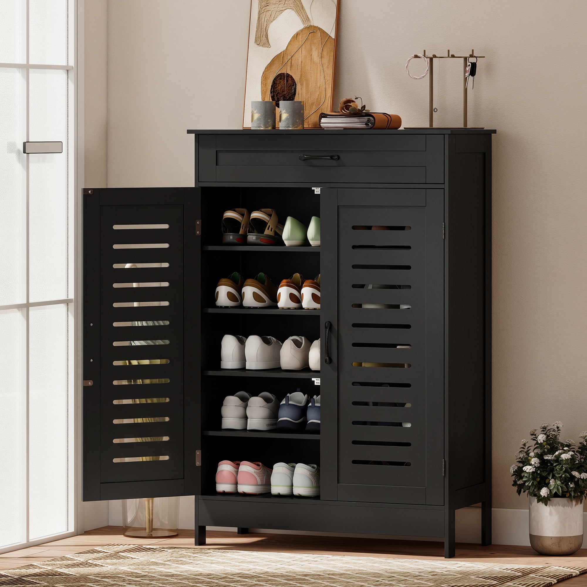 HOMCOM Shoe Cabinet with Louvered Doors, Modern Shoe Storage Cabinet with Drawer and Adjustable Shelves, Black 