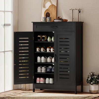 HOMCOM Shoe Cabinet with Louvered Doors, Modern Shoe Storage Cabinet with Drawer and Adjustable Shelves, Black 