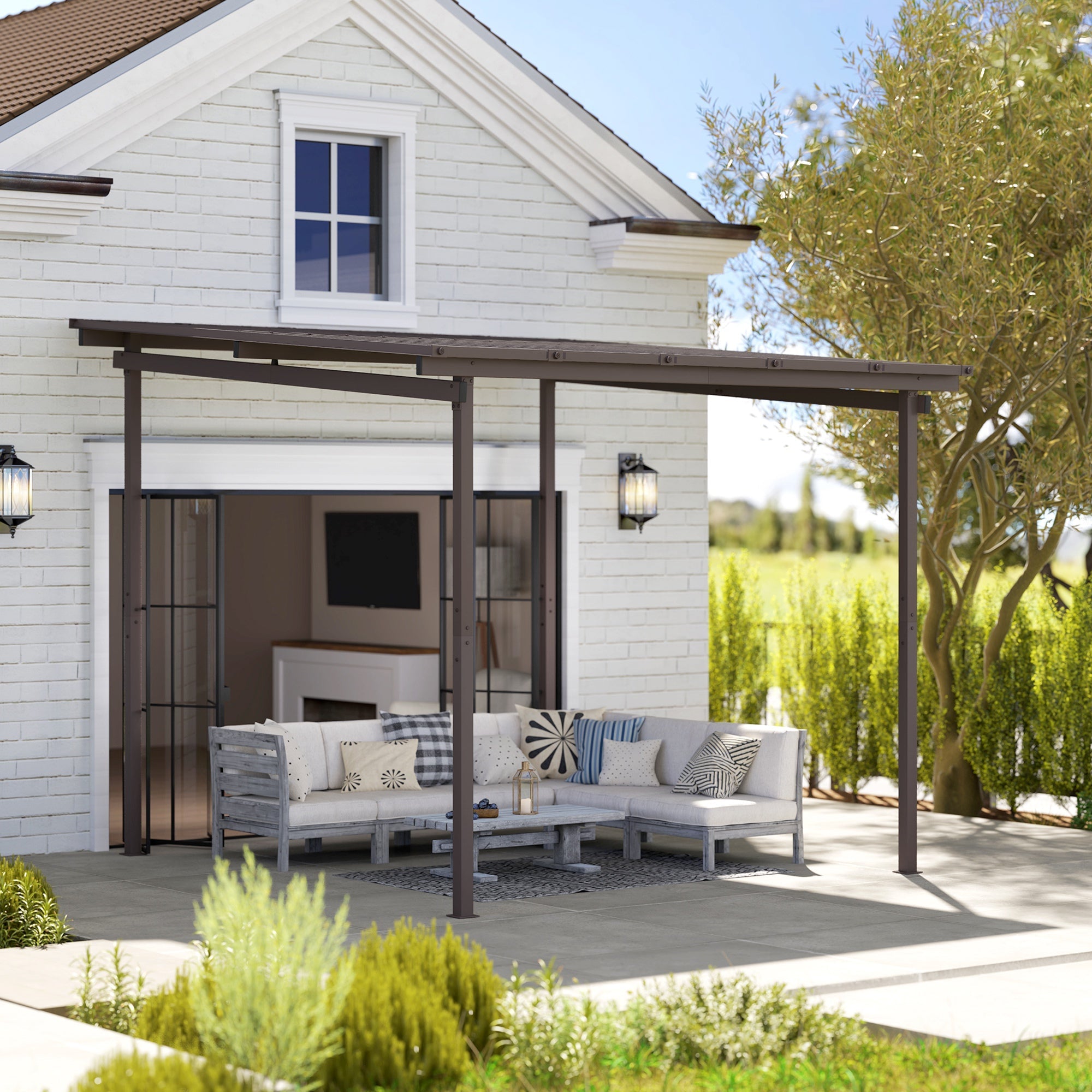 Outsunny 3 x 3(m) Garden Pergola with Waterproof Metal Roof, Lean to Pergola Hardtop Gazebo, Wind-resistant Outdoor Sun Shade, Easy to Assemble 