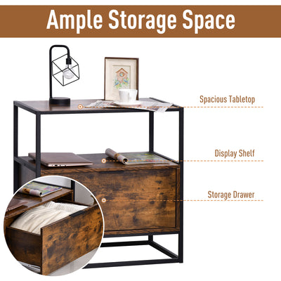 HOMCOM Industrial-Style Side Table w/ Drawer Open Shelf Steel Frame Large Base Two-Tone Retro Stylish Home Furniture Bedroom Living Room 