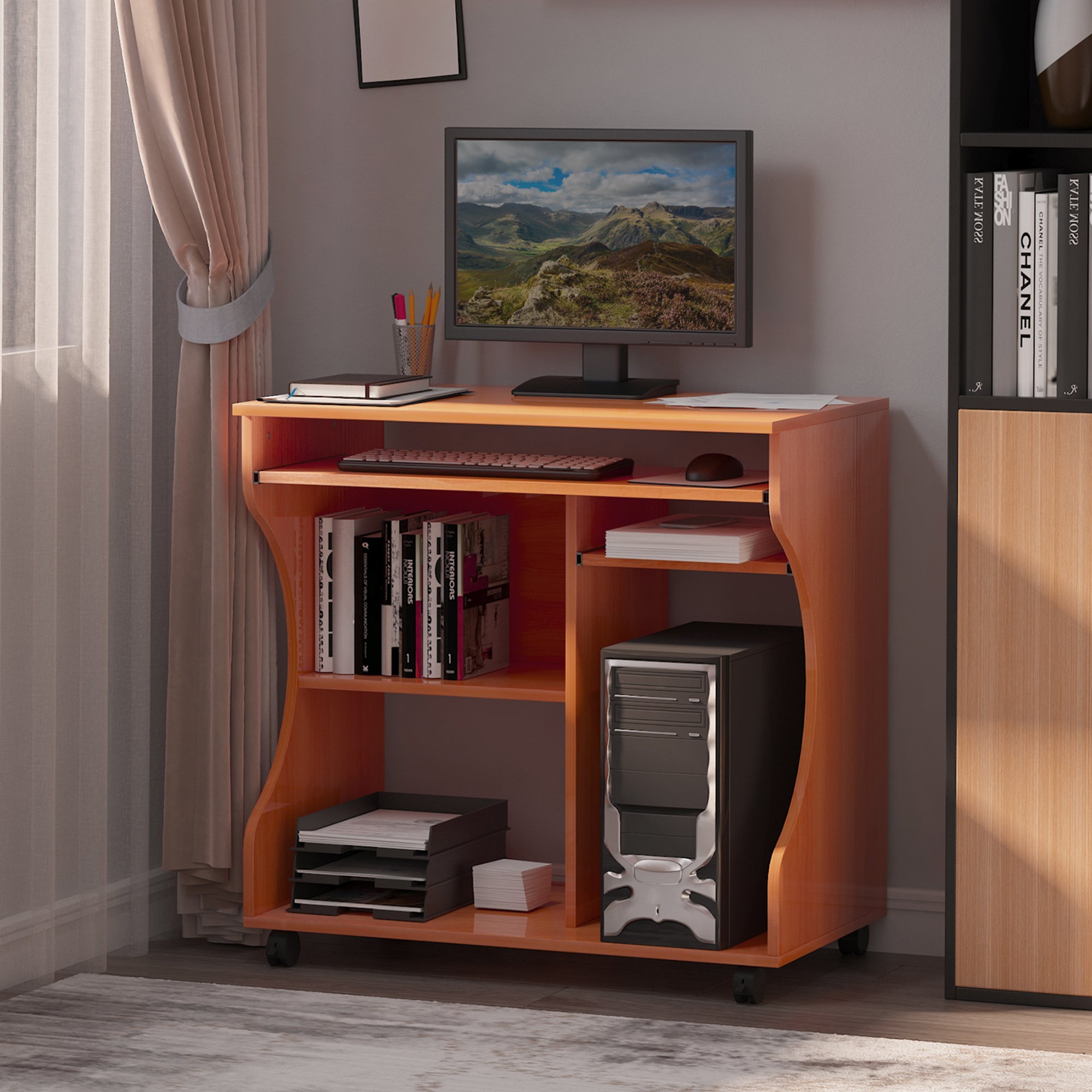 HOMCOM Multi-Storage Compact Work Desk, with Wheels - Cherry Wood Colour 