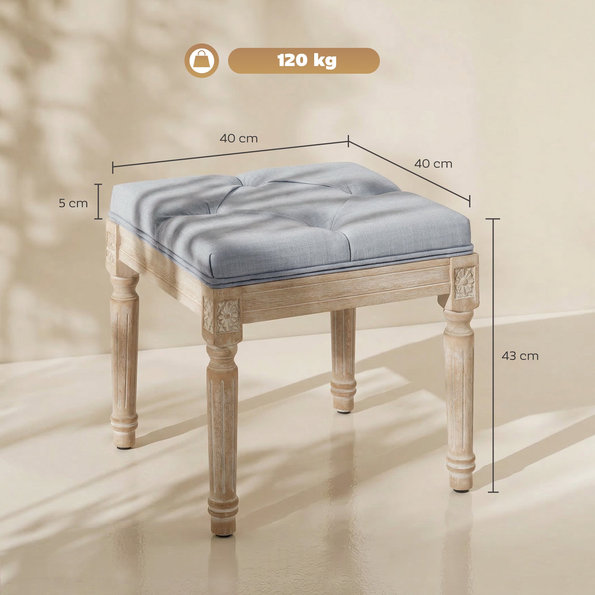 HOMCOM Vintage Foot Stool, Tufted Square Footrest with Wood Legs, Light Grey 