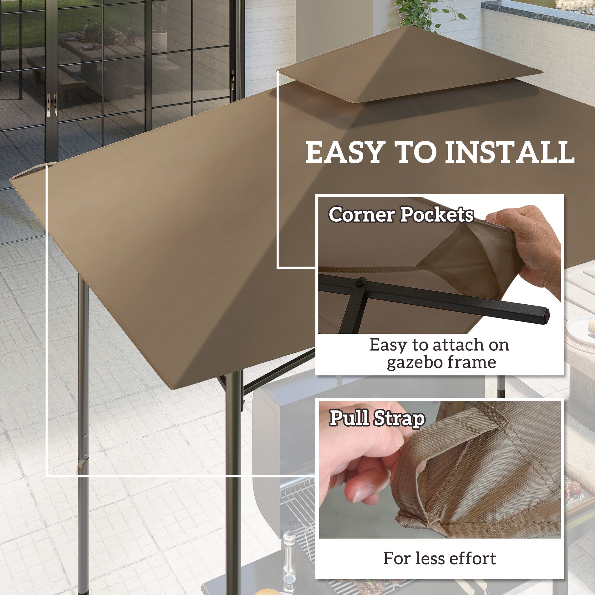 Outsunny Grill Gazebo Replacement Canopy Roof for 1.5 x 2.4m Frame, UPF50+ Protection, Double Tiered 5' x 8' Outdoor BBQ Gazebo Cover Replacement, TOP COVER ONLY, Khaki 