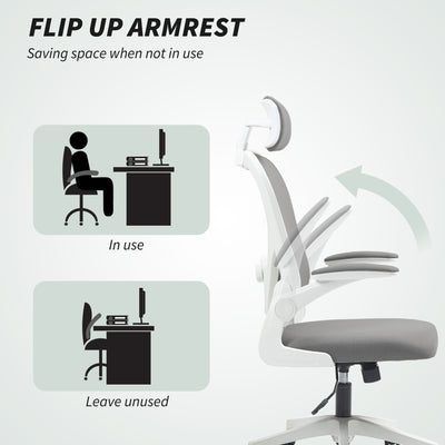 HOMCOM Executive Office Chair, Ergonomic Mesh High Back Desk Chair with Flip-up Armrest, Rotatable Headrest, Adjustable Lumbar Support, Swivel Computer Chair for Home Study, Grey 