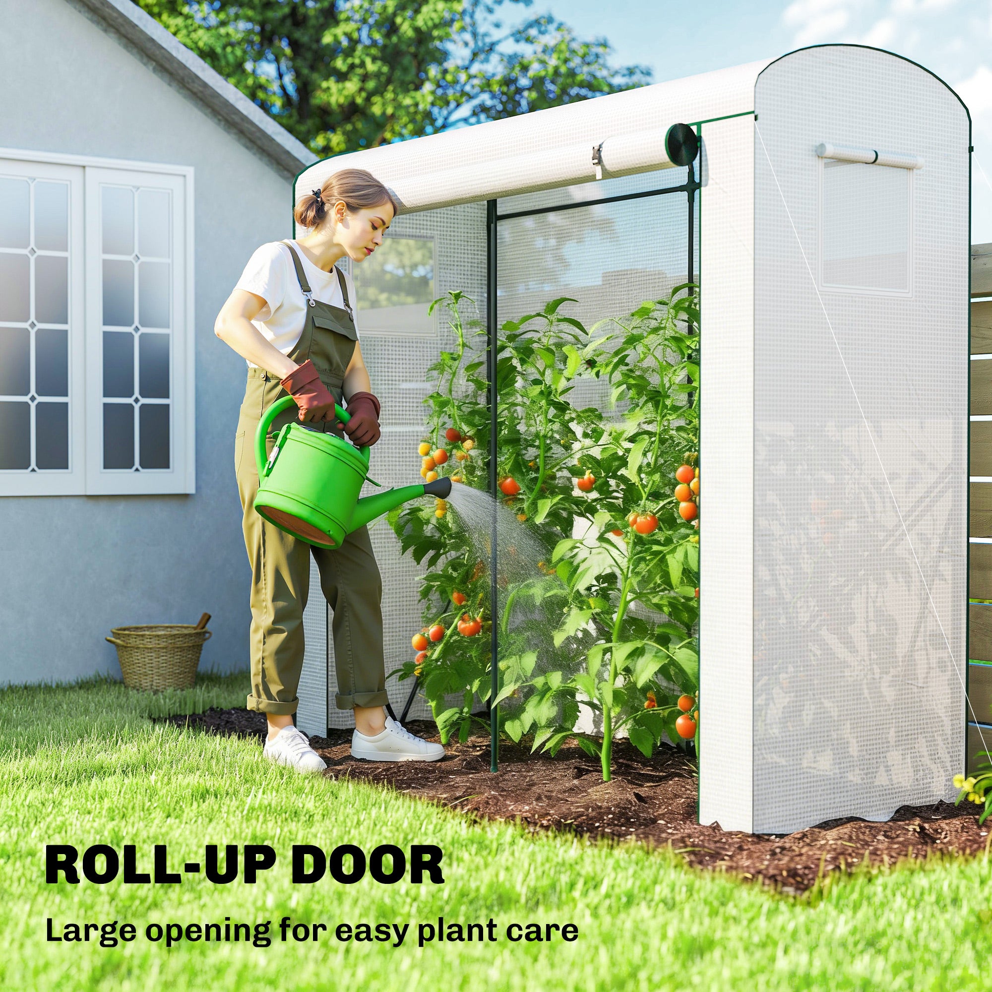 Outsunny Mini Greenhouse, Garden Tomato Growhouse with Roll-Up Door and 2 Mesh Windows, PE Cover, 200 x 75 x 188 cm, White 
