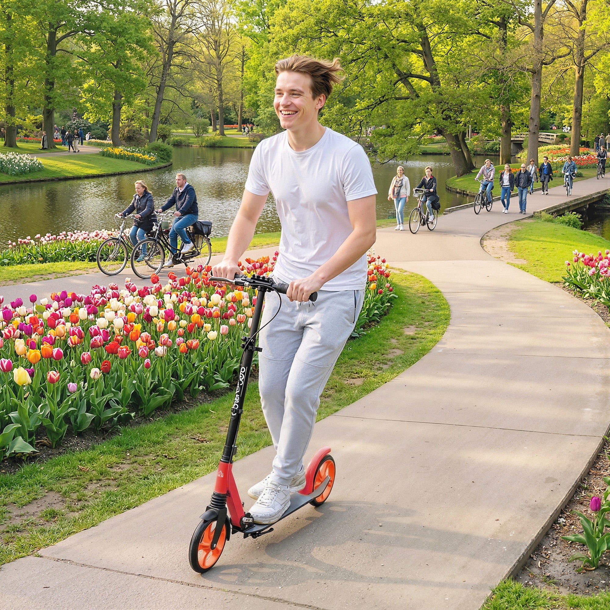 HOMCOM One-click Folding Kick Scooter for 14+ w/ Adjustable Handlebar, Push Scooter with Kickstand, Dual Brake System, Red 