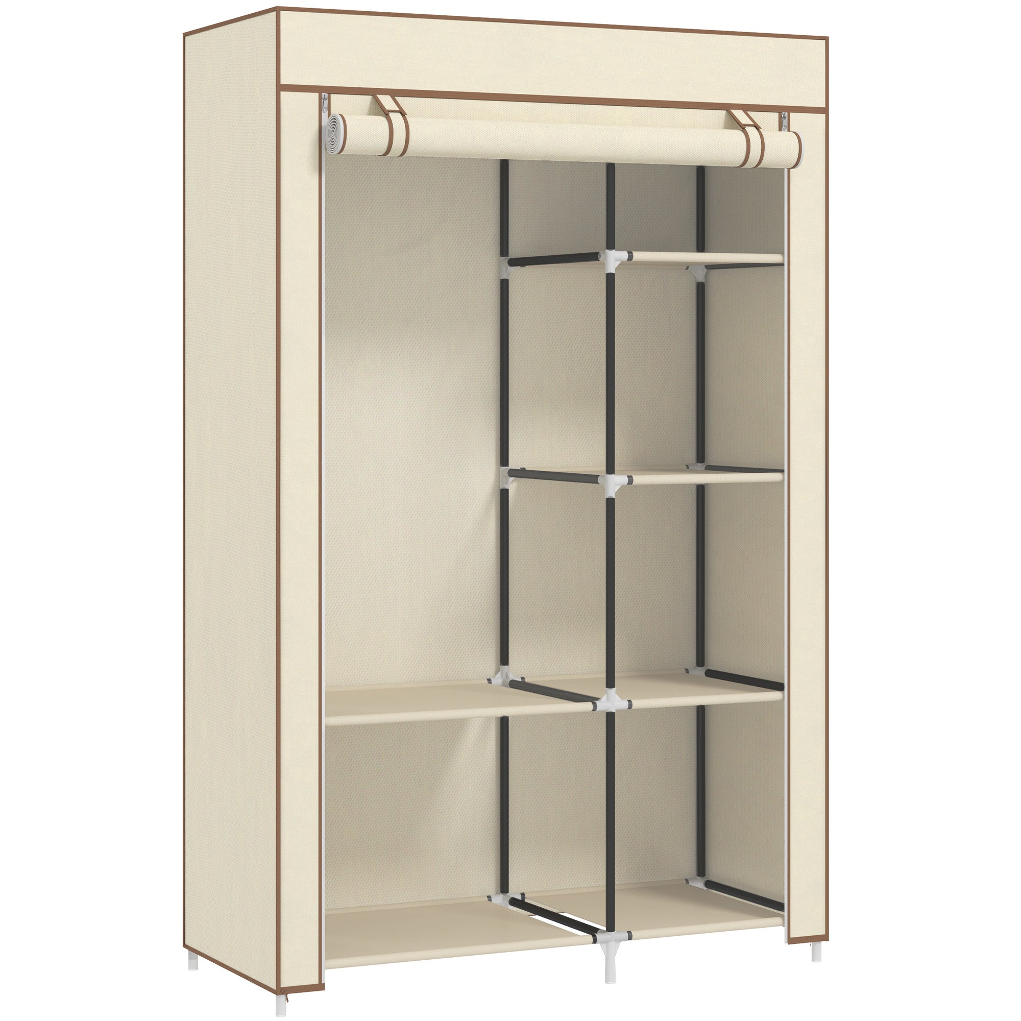 HOMCOM Fabric Wardrobe, Portable Wardrobe with 6 Shelves, 1 Hanging Rail, Foldable Closets, 103 x 43 x 162.5 cm, Cream White 