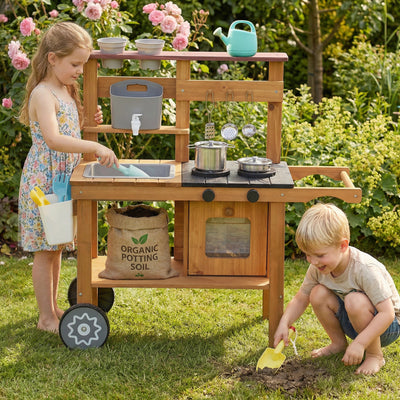 AIYAPLAY Wooden Mud Kitchen with Wheels, Stove, Faucet, Flower Pots, Stainless Steel Accessories for Toddlers 3-6, Brown 