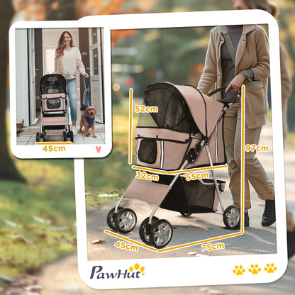 PawHut Pet Stroller for Small Miniature Dogs Cats Foldable Travel Carriage with Wheels Zipper Entry Cup Holder Storage Basket Brown 