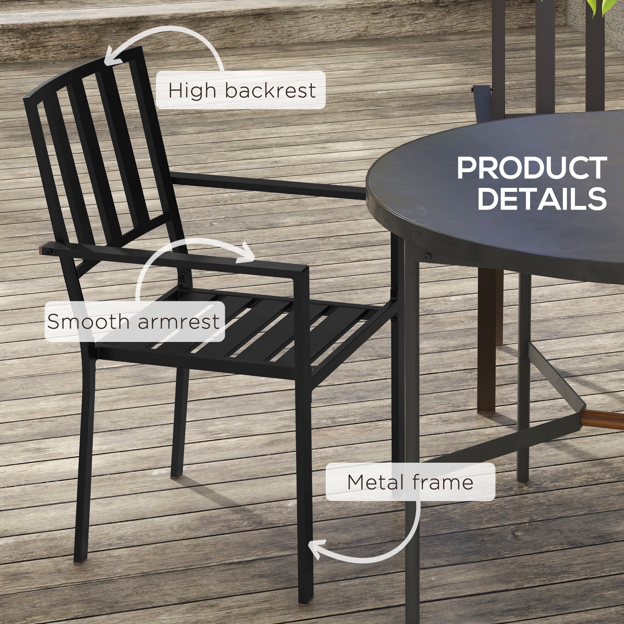 Outsunny Set of Two Minimal Metal Garden Chairs - Black 