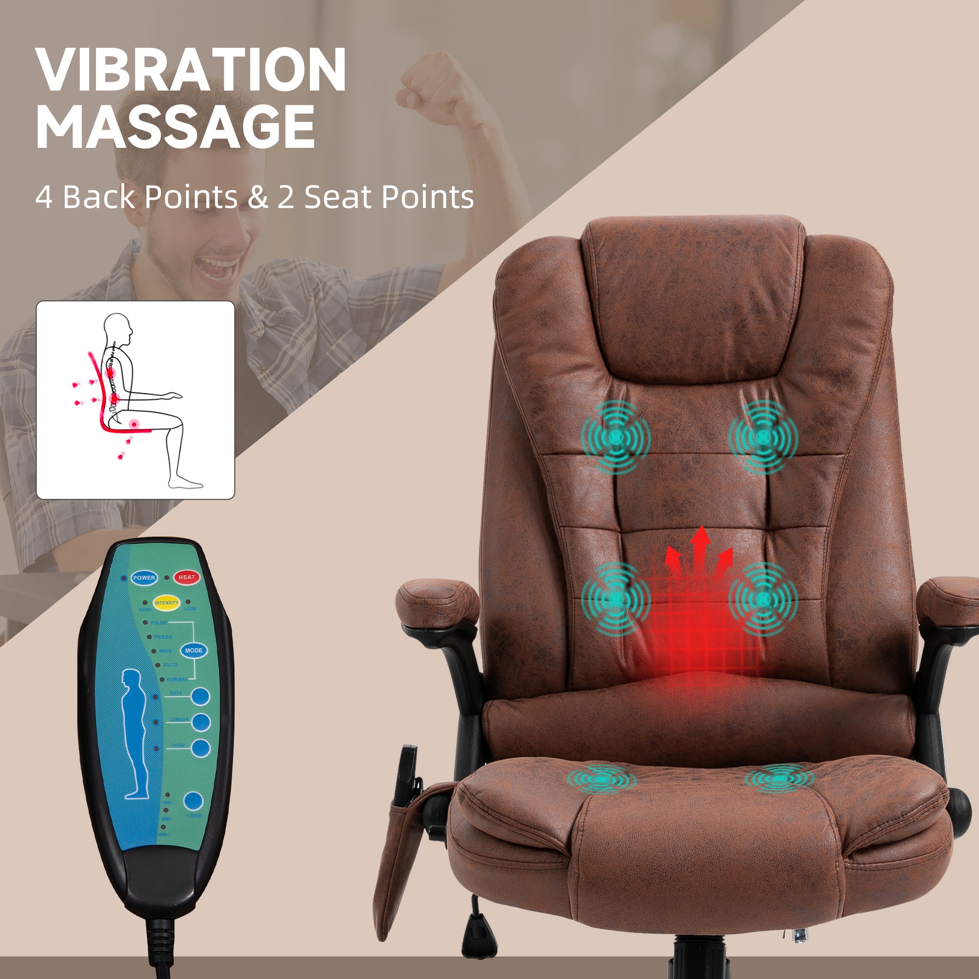 Vinsetto Massage Recliner Chair Heated Office Chair with Six Massage Points Microfiber Cloth 360\'c2\'b0 Swivel Wheels Brown