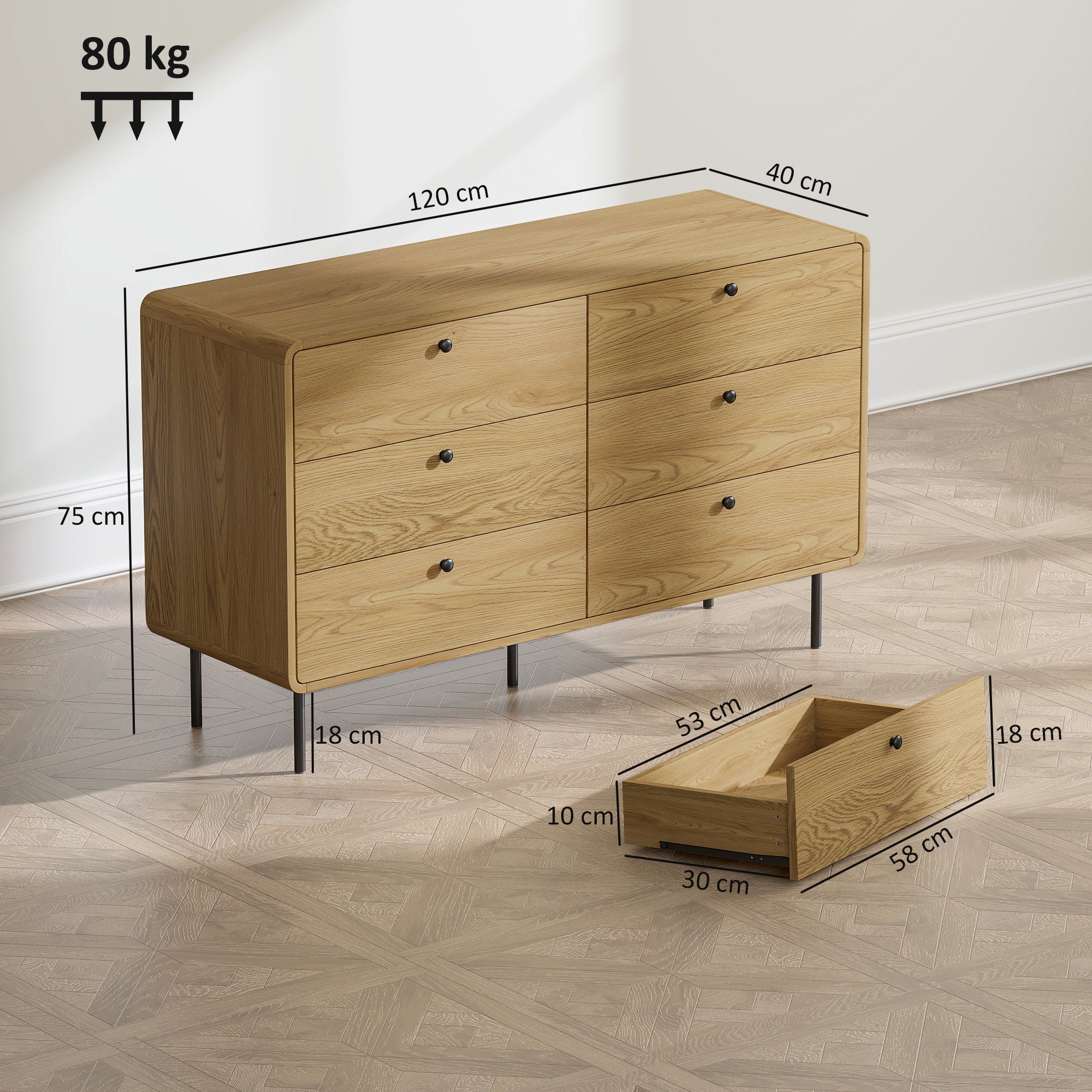HOMCOM Chest of Drawers, 6 Drawer Dresser - Oak 