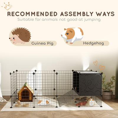 PawHut DIY Small Animal Cage with Elevated Huts, C&C Cage for Guinea Pigs, Hedgehogs, Rabbits, 31 Panels, Black 