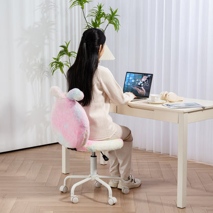 HOMCOM Fuzzy Office Chair with Bunny Ears, Faux Fur Swivel Desk Chair, Armless Makeup Vanity Chair with Adjustable Height for Bedroom, Study Room, Colourful 