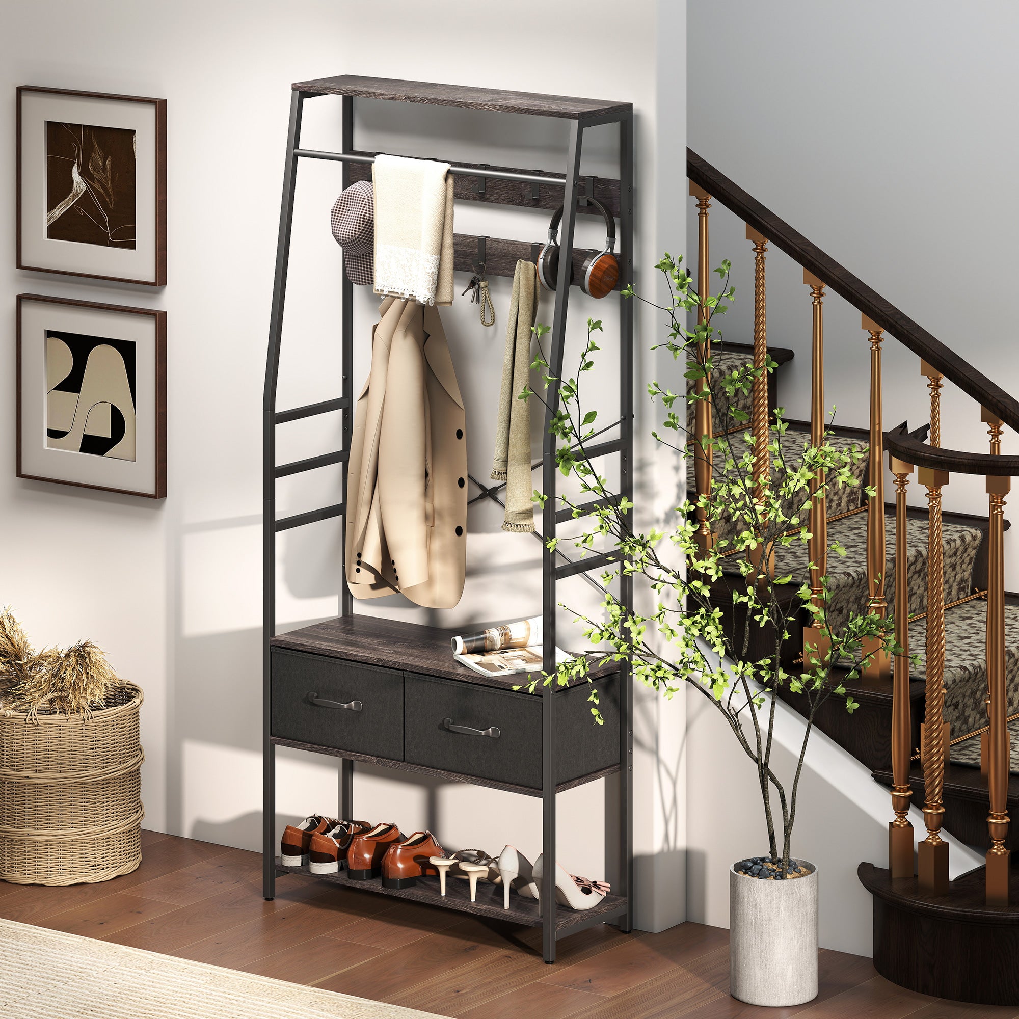 HOMCOM Coat Rack with Shoe Storage, Hall Tree, Industrial Coat Stand with Shoe Bench, 10 Removable Hooks, 2 Fabric Drawers and Clothes Rail for Entryway, Hallway, Grey 