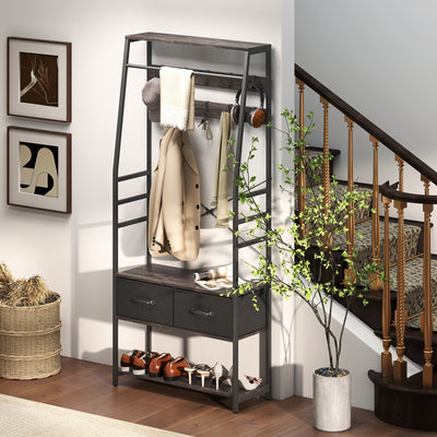 HOMCOM Coat Rack with Shoe Storage, Hall Tree, Industrial Coat Stand with Shoe Bench, 10 Removable Hooks, 2 Fabric Drawers and Clothes Rail for Entryway, Hallway, Grey 