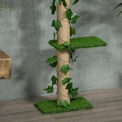 PawHut 242cm Adjustable Floor-To-Ceiling Cat Tree, with Artificial Decoration, Perches, Anti-Slip Kit - Green 
