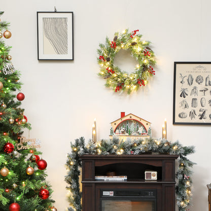 HOMCOM 60 cm Prelit Christmas Wreath, Door Wreath with Realistic Branches, 30 Warm White LEDs, Timer, Battery Operated